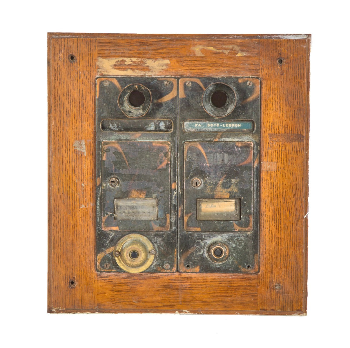 original early 20th century salvaged chicago "japanned" finish oxidized copper brass and quartered oak wood vestibule mailbox