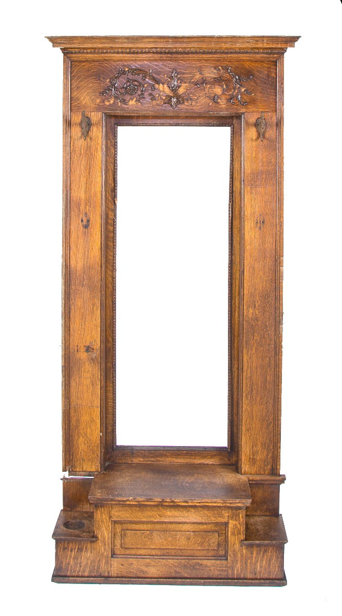unusually-sized all original and largely intact quartered oak wood decorative salvaged chicago pier mirror with distinctive base
