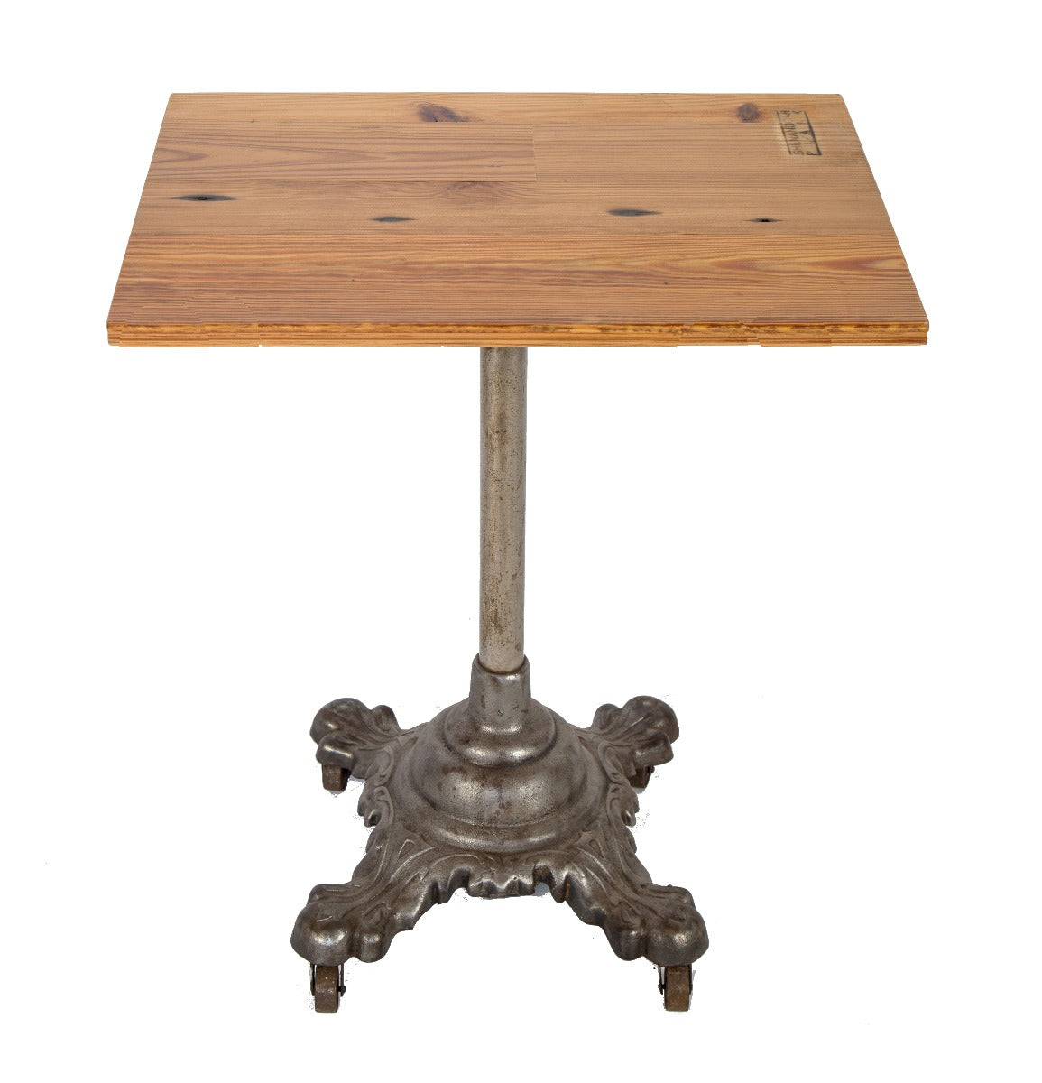 repurposed vintage american industrial mobile stand or table with ornamental cast iron base and reclaimed wood top