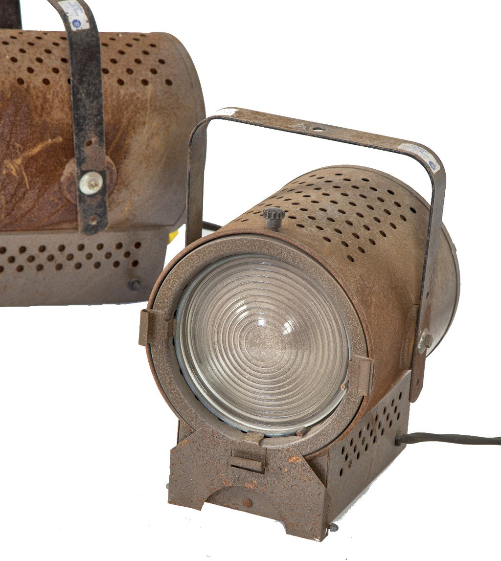 group of four original and fully functional salvaged chicago moviehouse spotlights with pivoting brackets
