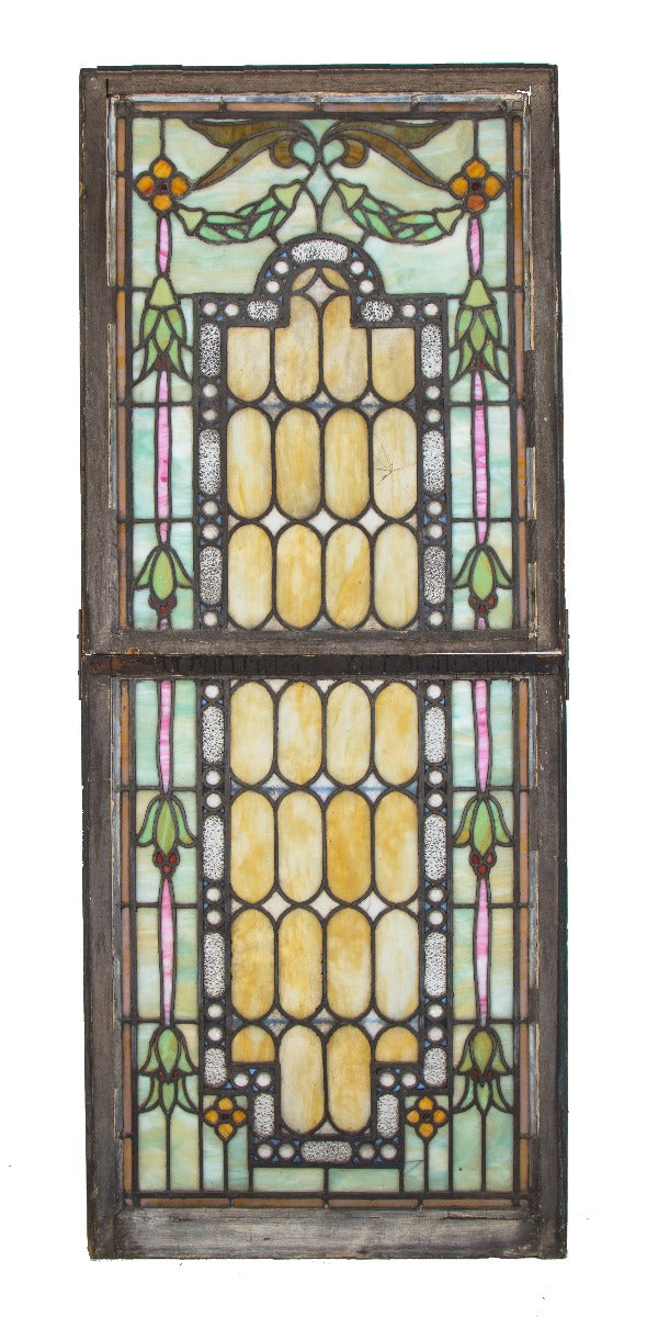 marvelous late 19th or early 20th century richly colored double-sash salvaged chicago residential window bedecked with faceted jewels