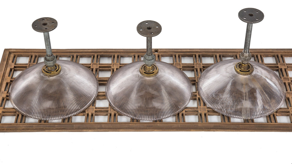 group of four matching original hard to find signed early 20th century holophane glass pendant lights with hubbell shade fitters