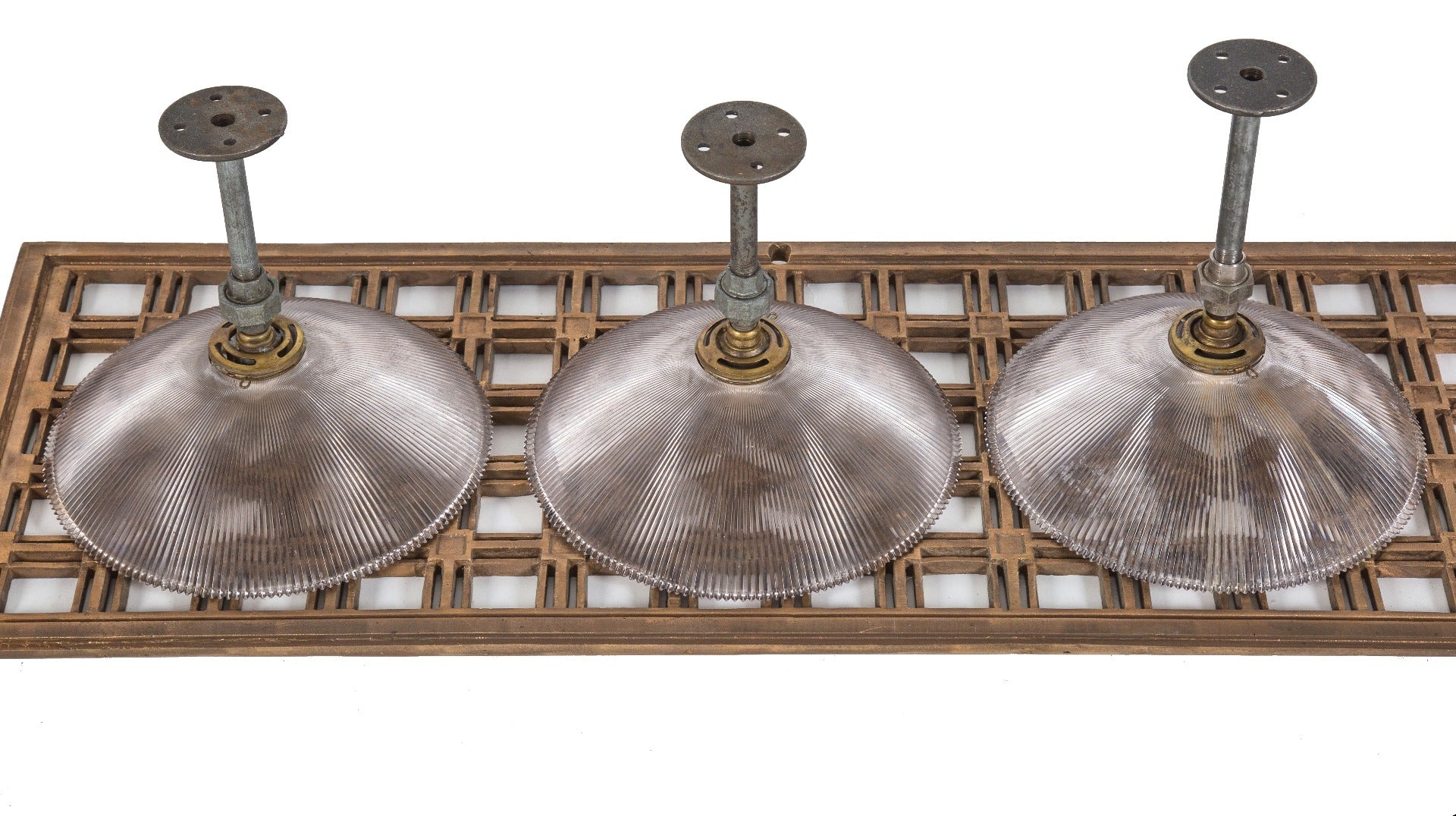 group of four matching original hard to find signed early 20th century holophane glass pendant lights with hubbell shade fitters