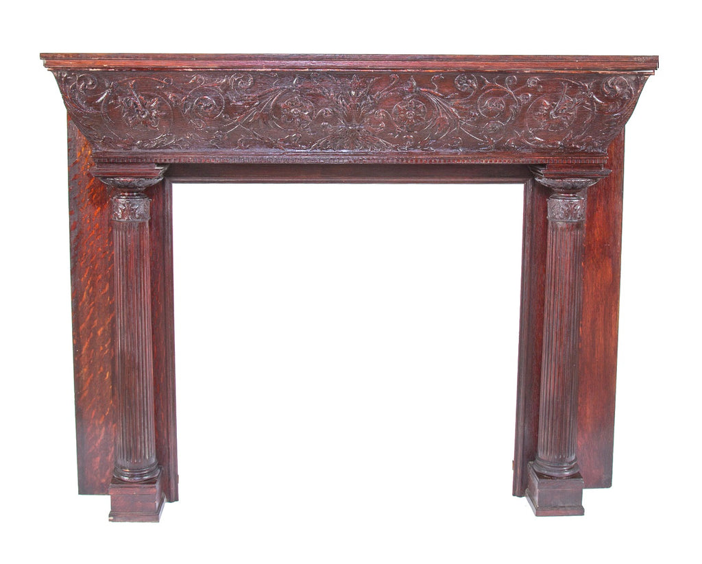 impressive 19th century high victorian-era original carved oak wood fireplace mantel with original stained finish