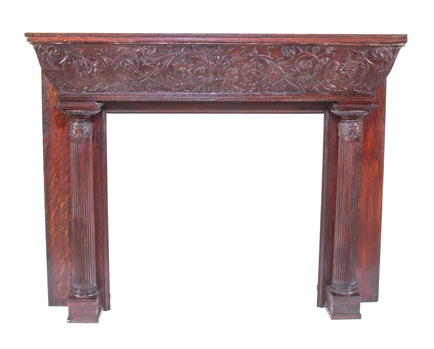 impressive 19th century high victorian-era original carved oak wood fireplace mantel with original stained finish