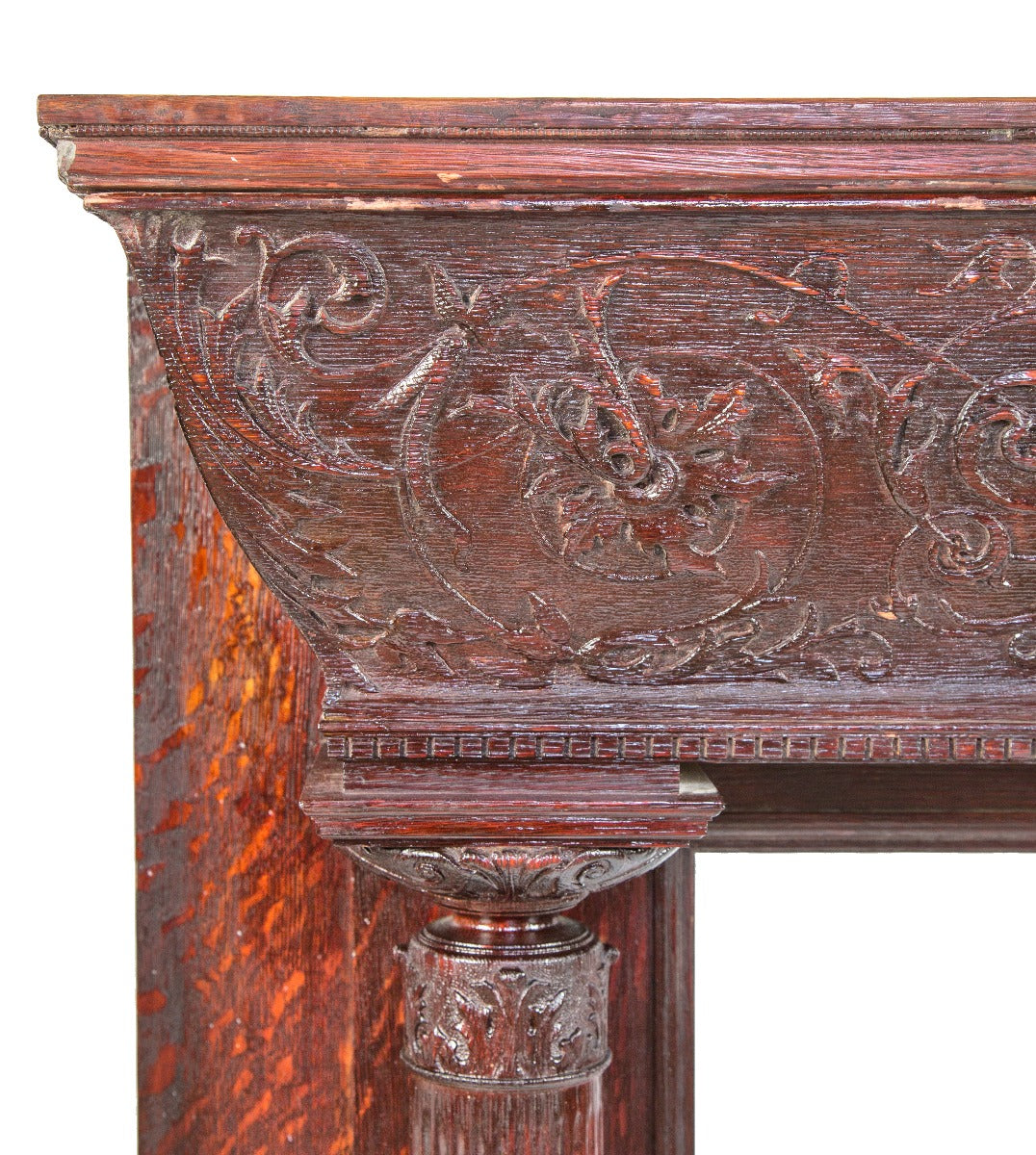 impressive 19th century high victorian-era original carved oak wood fireplace mantel with original stained finish