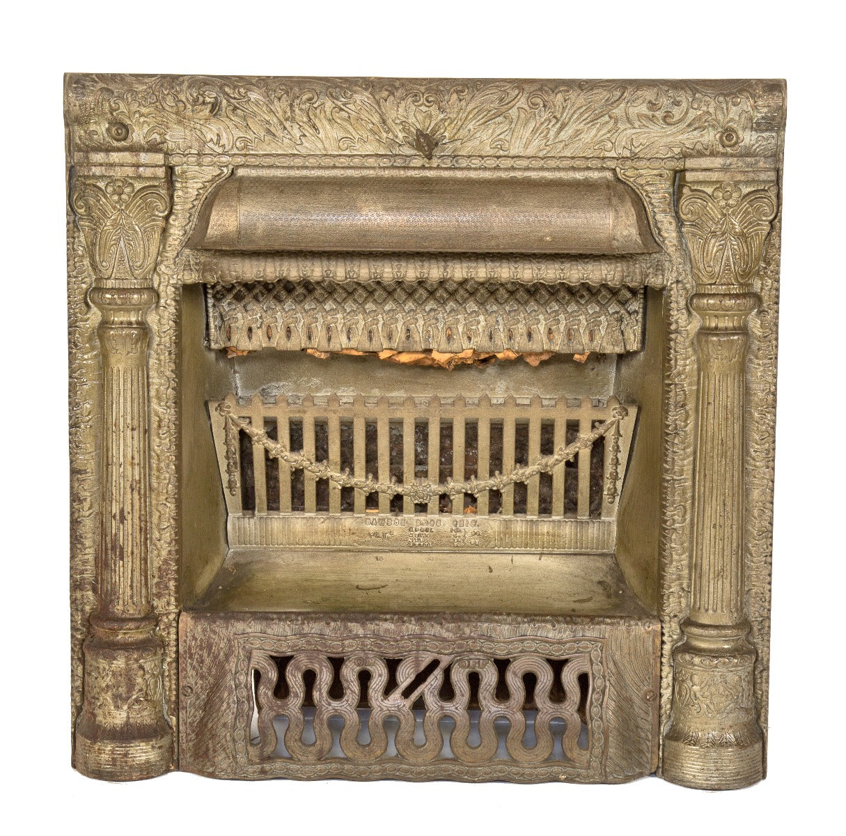 original 19th century ornamental cast iron interior residential fireplace gas insert designed by dawson brothers
