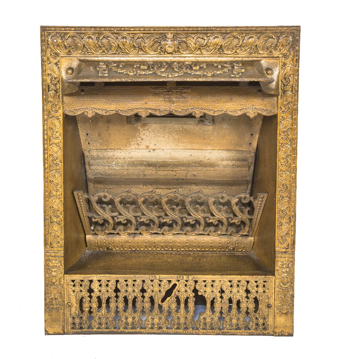 exceptional all original salvaged chicago ornamental cast iron dawson brothers fireplace has insert with old gold enameled finish
