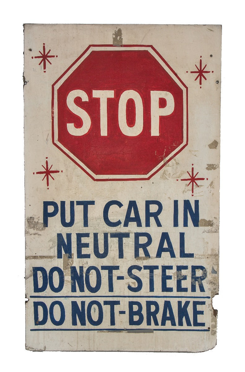 worn and weathered hand-painted salvaged chicago star car wash wood "stop" sign with bolder lettering