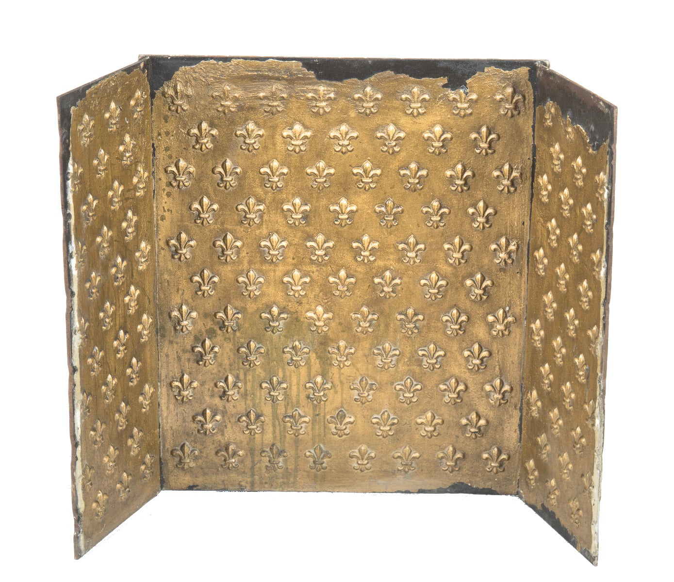 hard to find three-sided late 19th century salvaged chicago ornamental cast iron "peerless" fireplace fireback with fleur-de-lis field pattern
