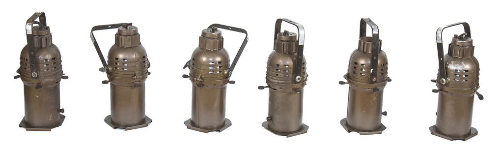 one of six matching salvaged chicago vintage american industrial fully adjustable theater stage spotlights with intact glass fresnel lenses