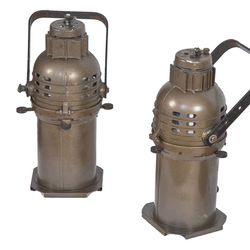 one of six matching salvaged chicago vintage american industrial fully adjustable theater stage spotlights with intact glass fresnel lenses