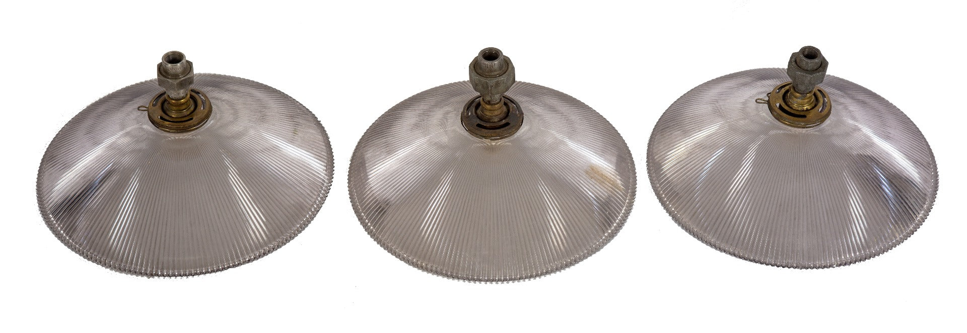 one of three matching early 20th century hard to find holophane company prismatic glass pendant lights