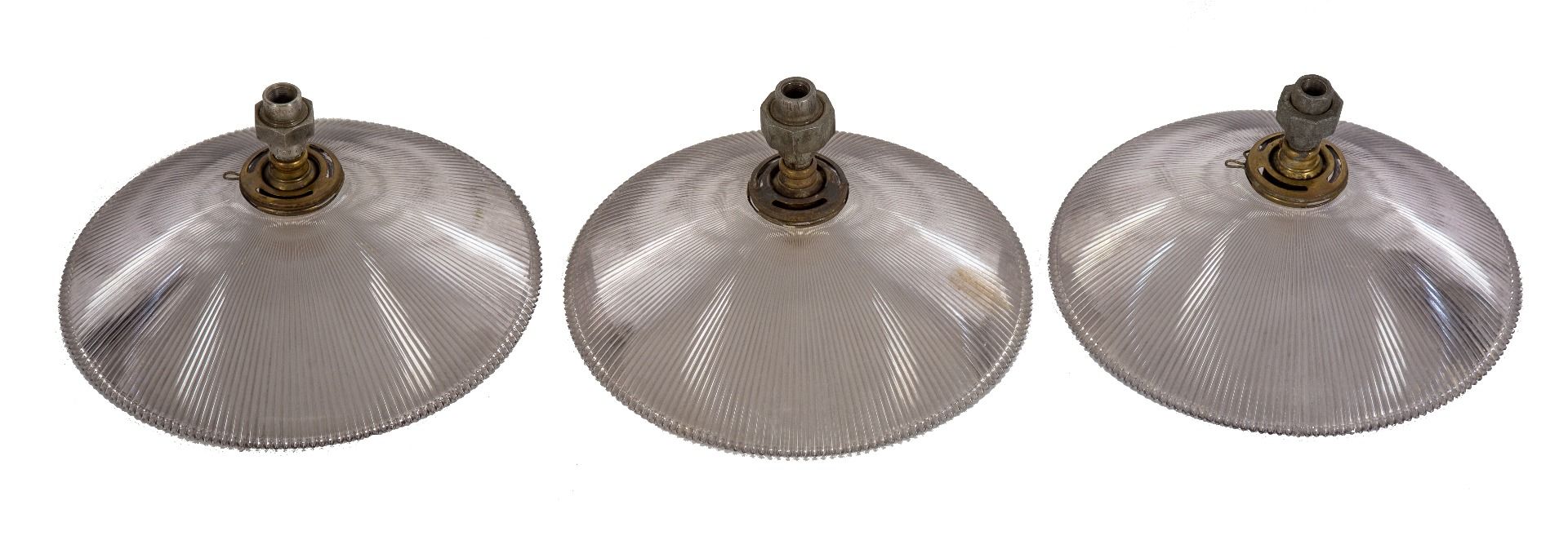 one of three original and intact hard to find holophane glass company prismatic reflector and matching socket
