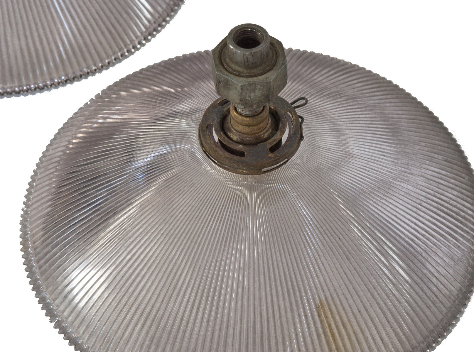 one of three matching early 20th century hard to find holophane company prismatic glass pendant lights