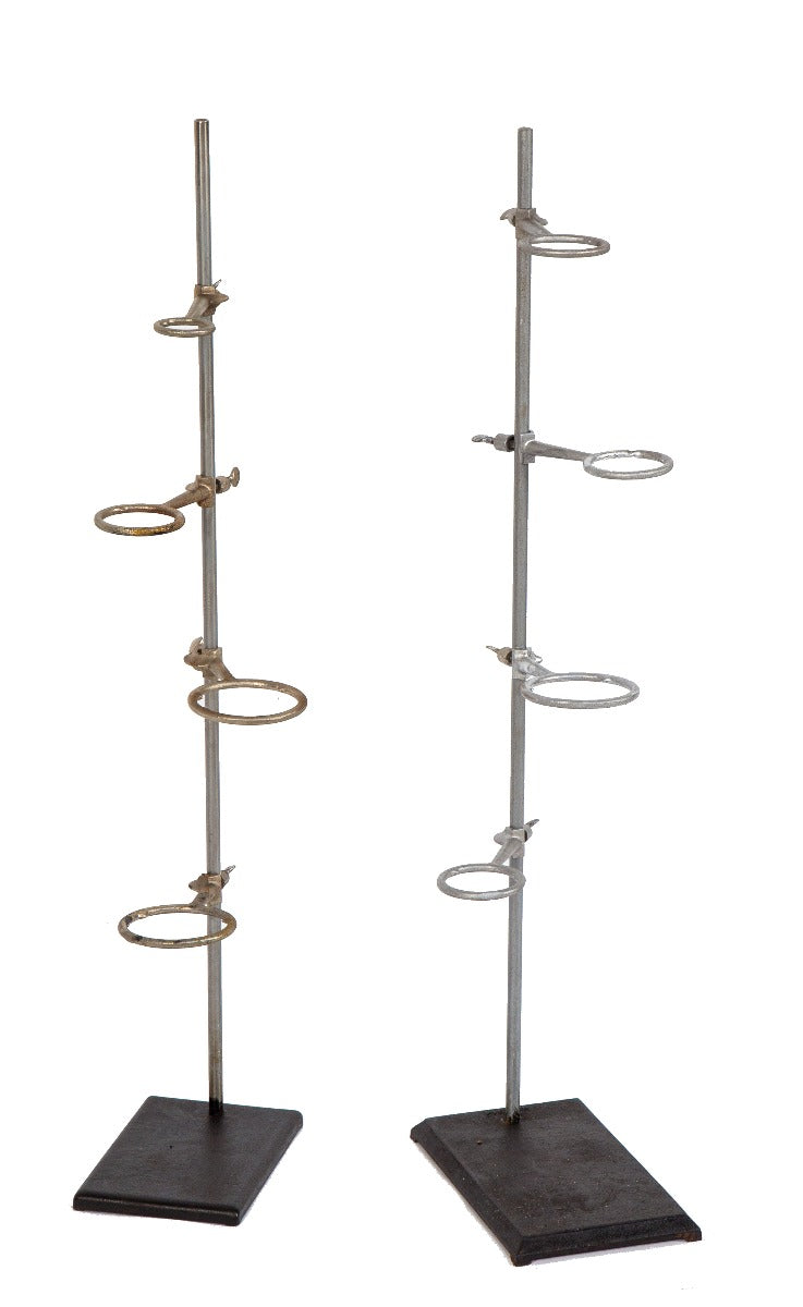 two nearly identical oversized early 20th century salvaged chicago university laboratory retort stand with adjustable ring clamps