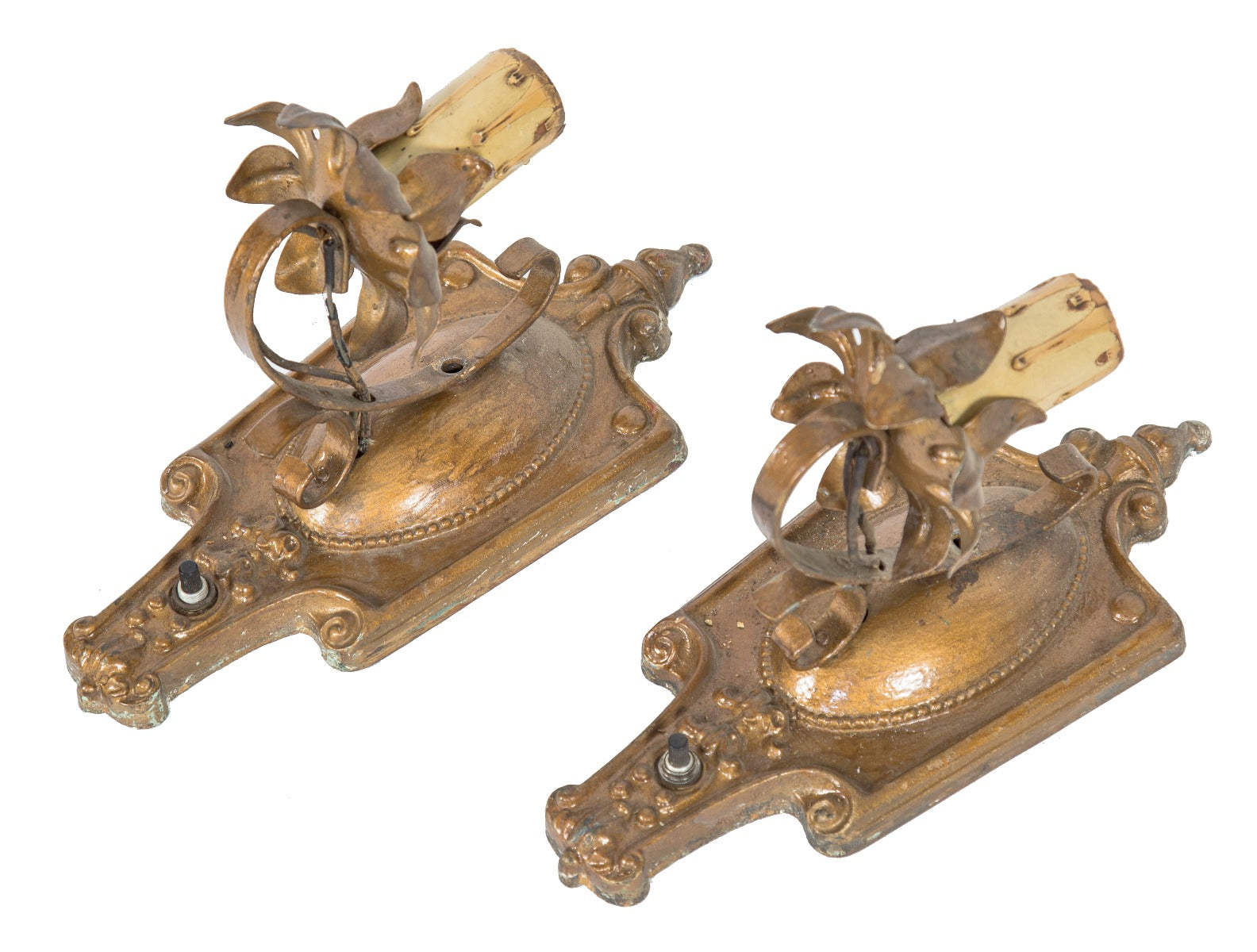 matching pair of original c. 1920's salvaged chicago interior residential bungalow wall sconces with nicely aged patina