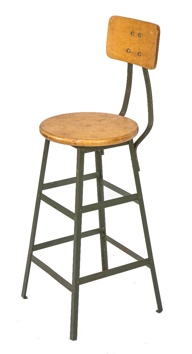well-maintained vintage american industrial salvaged chicago "pollard green" factory machinist stool with maple wood seat