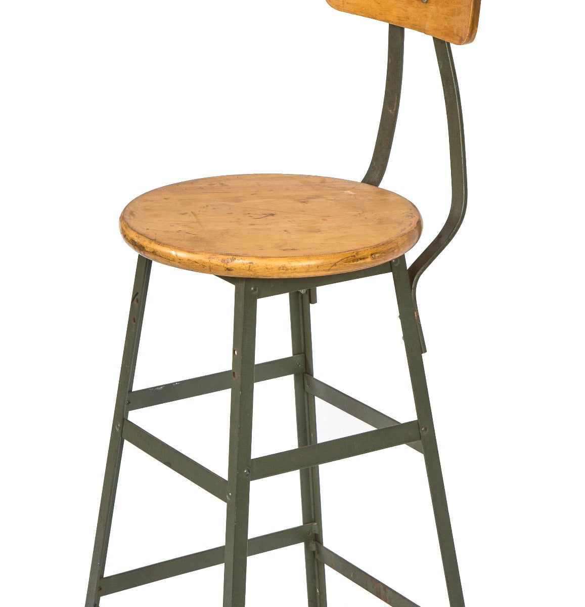 well-maintained vintage american industrial salvaged chicago "pollard green" factory machinist stool with maple wood seat