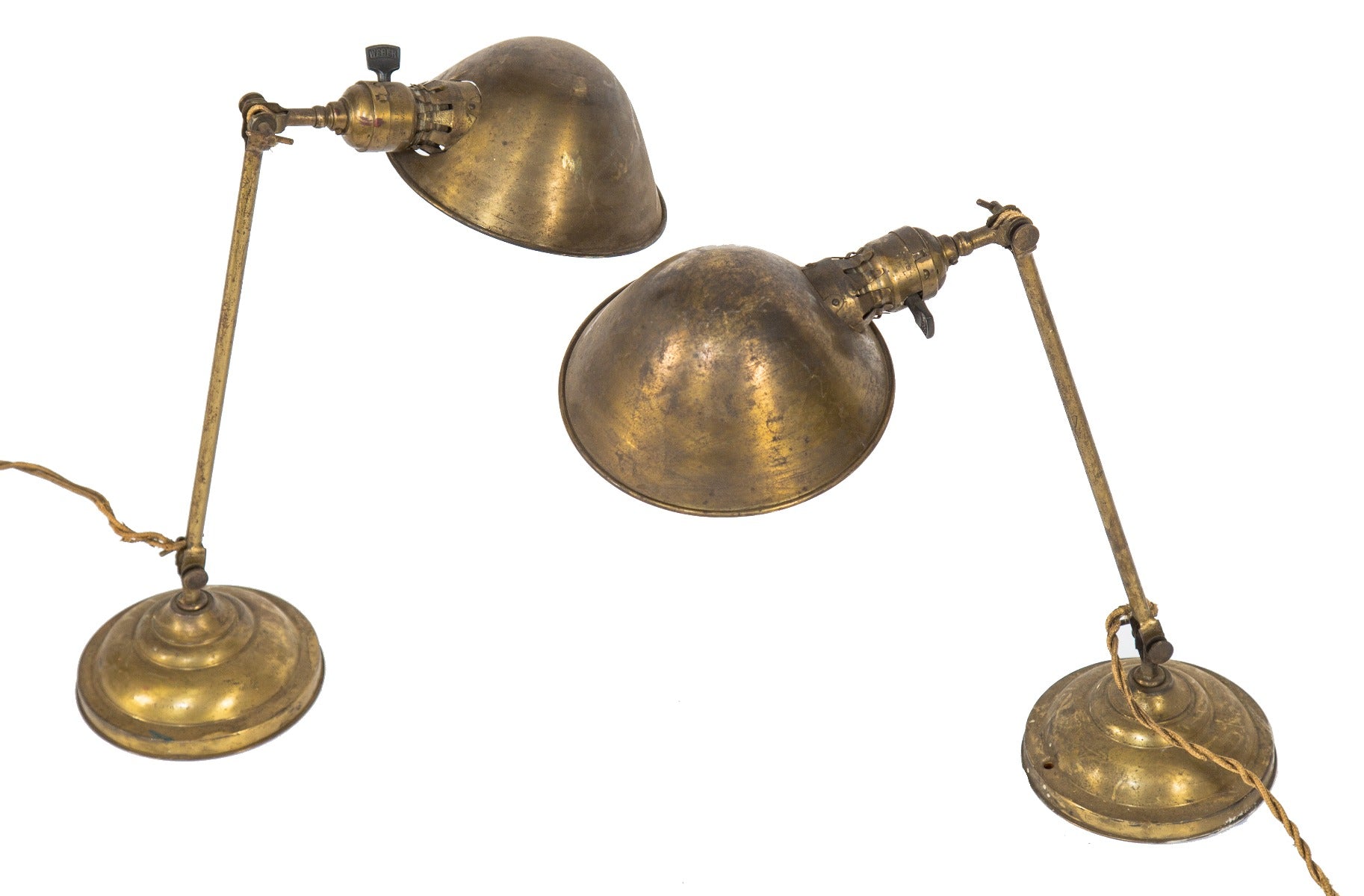 hard to find matching set of early 20th century fully adjustable yellow brass faries table lamps with nicely aged patina