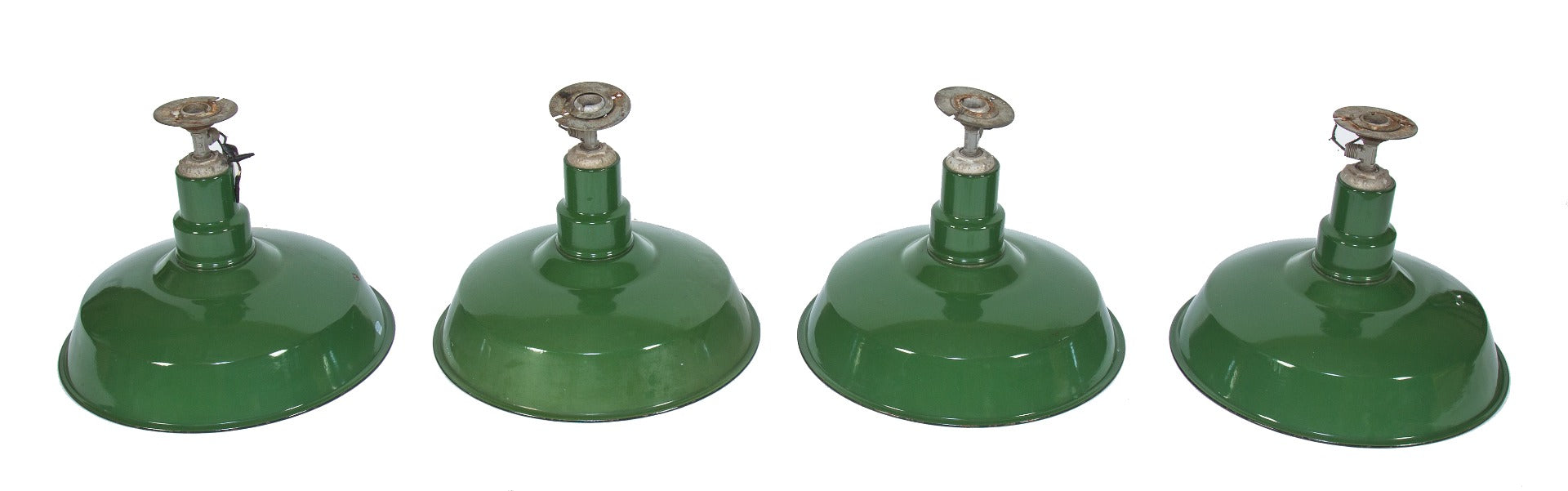 group of four matching early 20th century salvaged chicago green porcelain enameled benjamin factory pendant lights