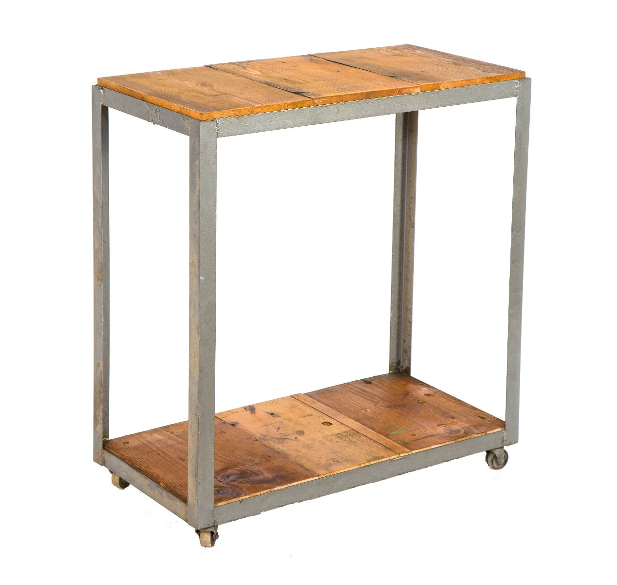 single vintage american industrial angled steel cart or side table with newly added wood top and undershelf