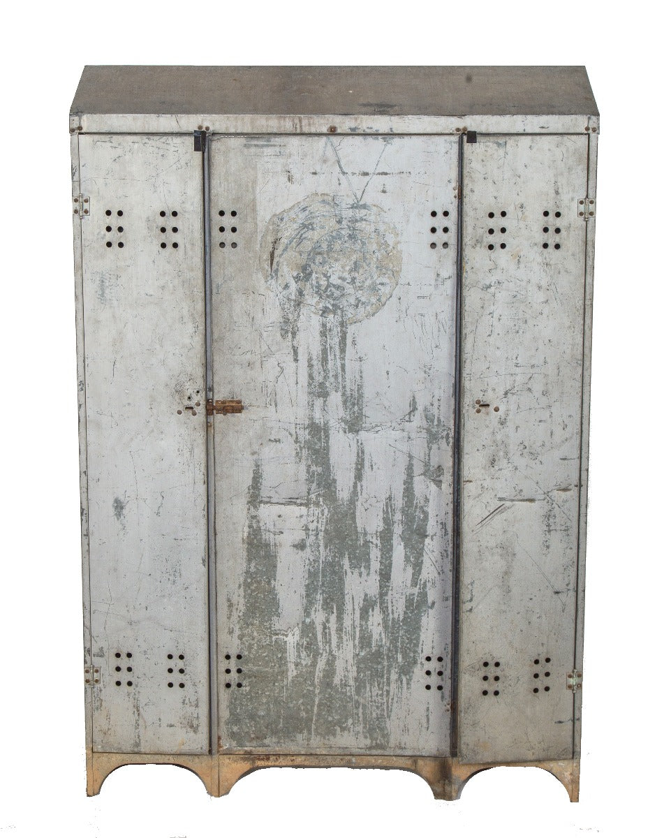 early 20th century custom-built pressed and folded steel three-door freestanding locker with hinged doors