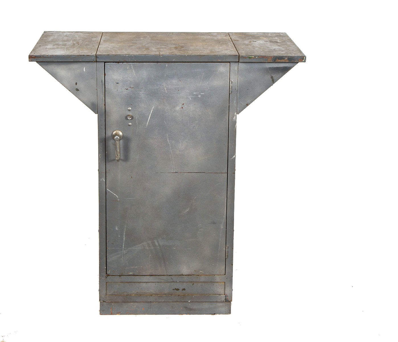 unusual vintage american industrial salvaged chicago pressed and folded steel metal cabinet with hinged door and opposed drop leaves