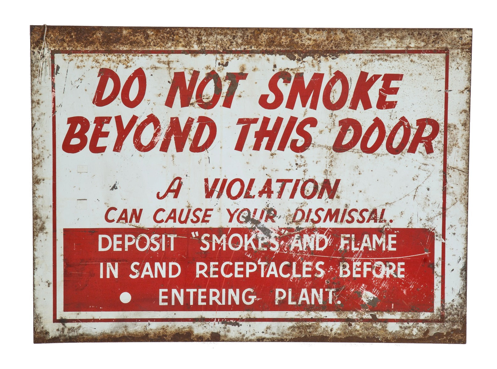 nicely weathered single-sided heavy die cut steel wrigley chewing gum factory plant "no smoking sign"