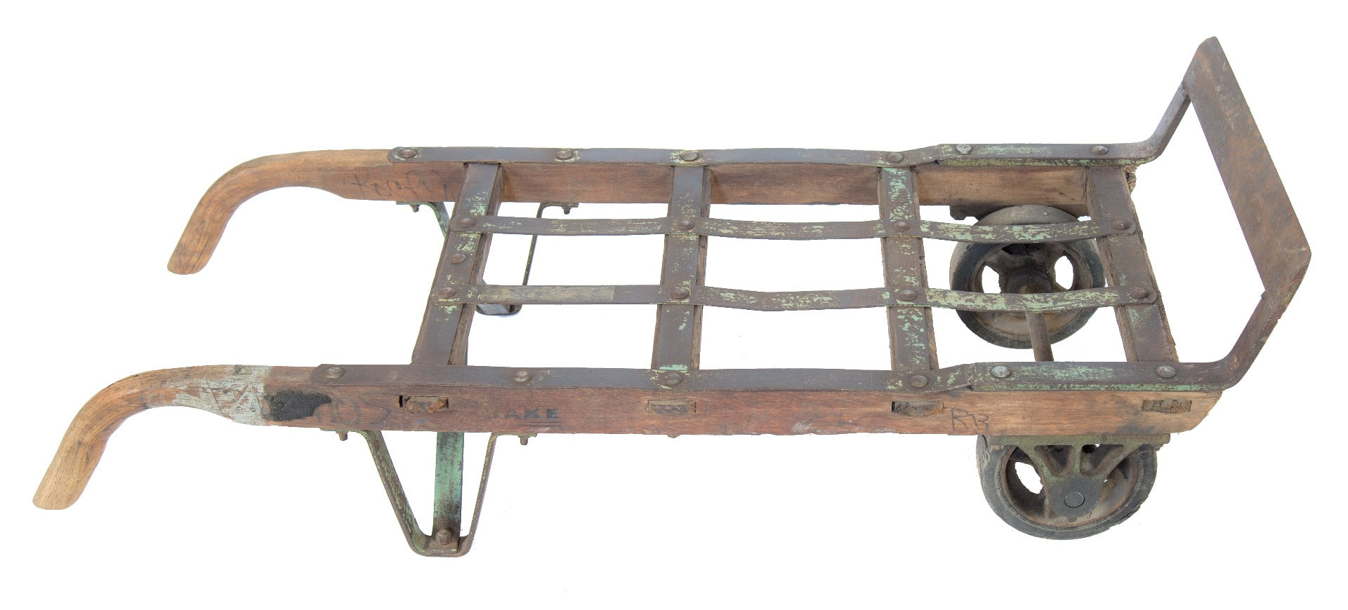heavily reinforced antique american industrial hardwood factory machine shop furniture dolly with casters