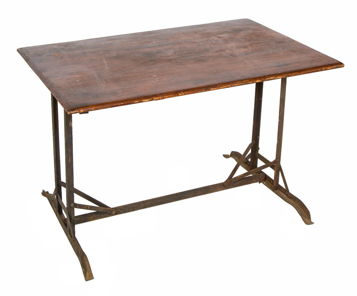 early 20th century american vintage industrial adjustable angled steel table with nicely aged wood top and outstretched legs or bases