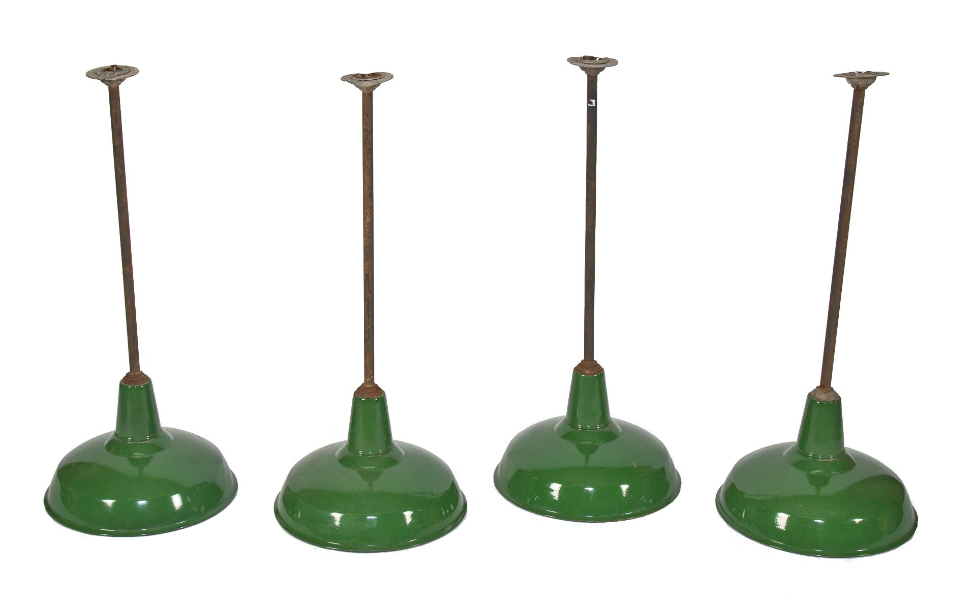 group of 4 matching original salvaged chicago fulton market meat-packing plant green porcelain enameled light fixtures with intact posts and canopies