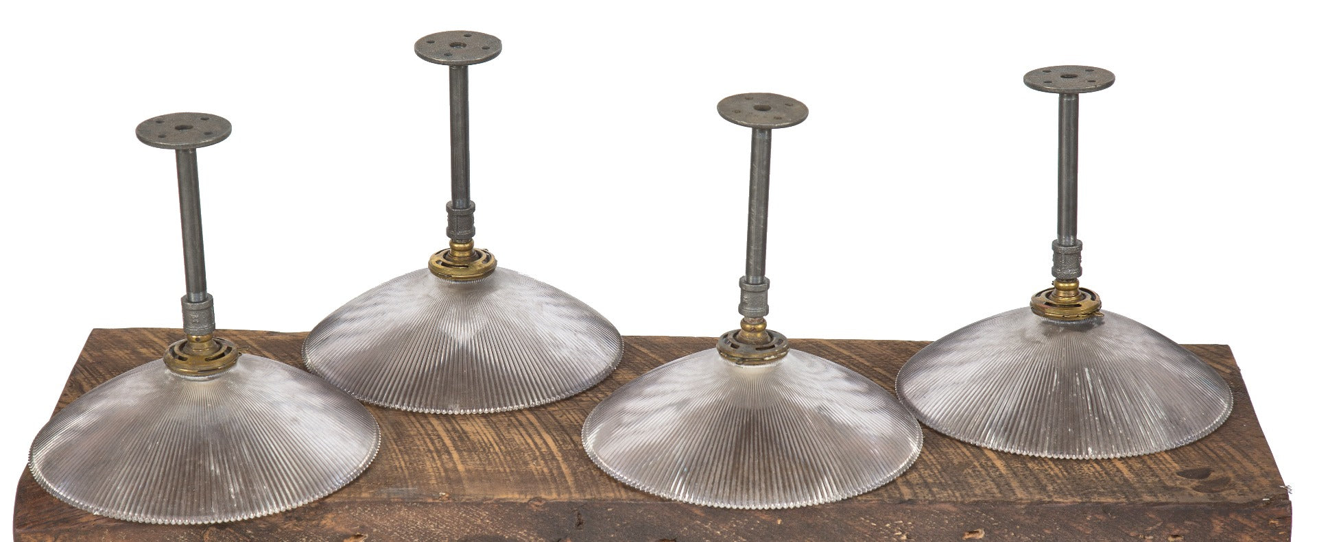 group of matching hard to find salvaged chicago early 20th century ribbed or fluted holophane glass pendant lights