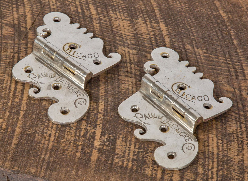 matching set of original "new old stock" 1880s antique american salvaged chicago nickel-plated bronze ice box door hinges