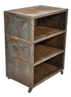 unusual custom-built salvaged chicago c. 1930's heavily riveted locomotive factory machine shop three-tier cabinet with bassick casters