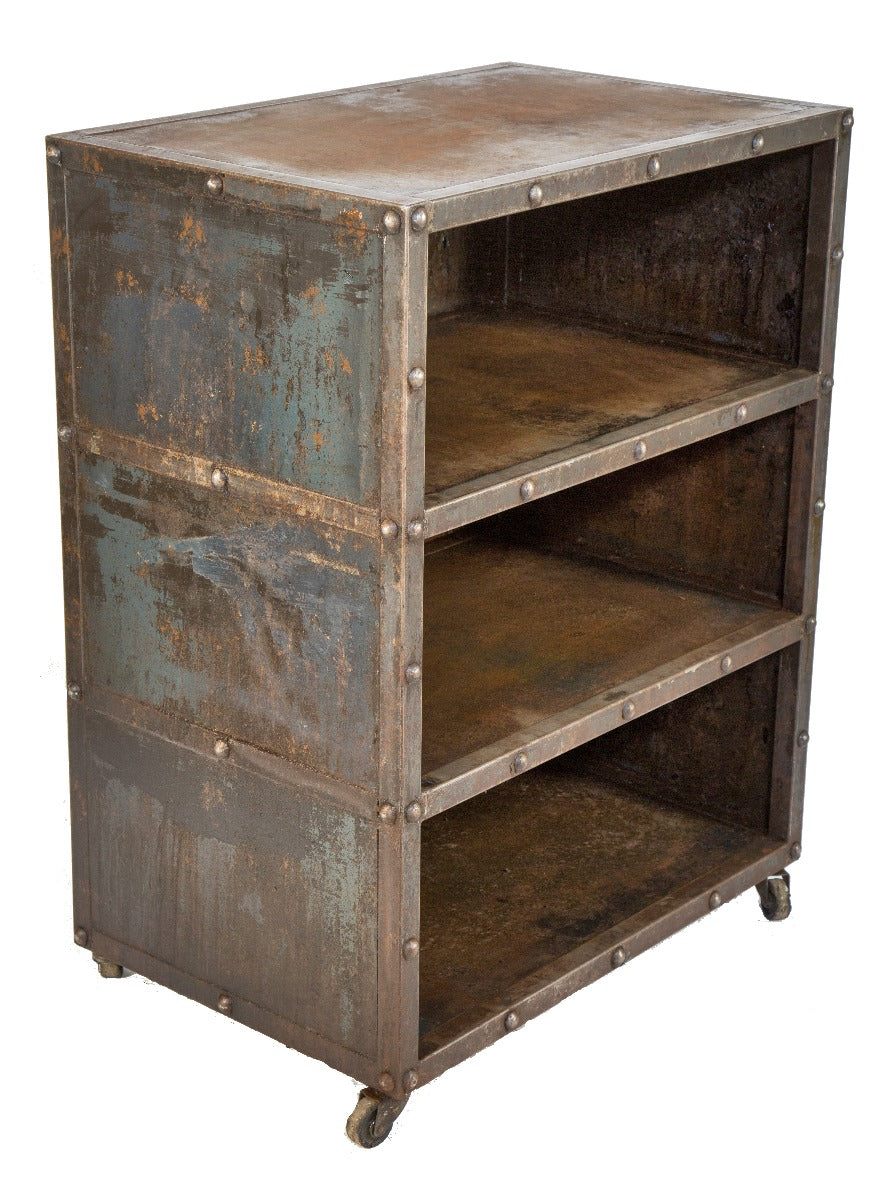 unusual custom-built salvaged chicago c. 1930's heavily riveted locomotive factory machine shop three-tier cabinet with bassick casters