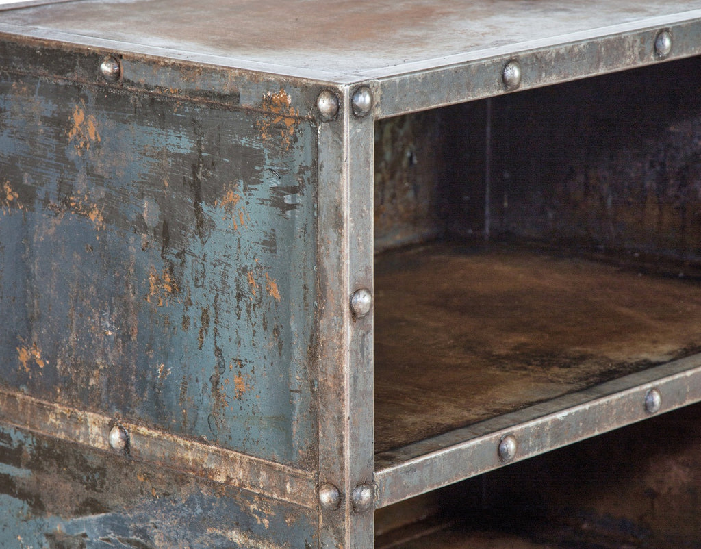 unusual custom-built salvaged chicago c. 1930's heavily riveted locomotive factory machine shop three-tier cabinet with bassick casters