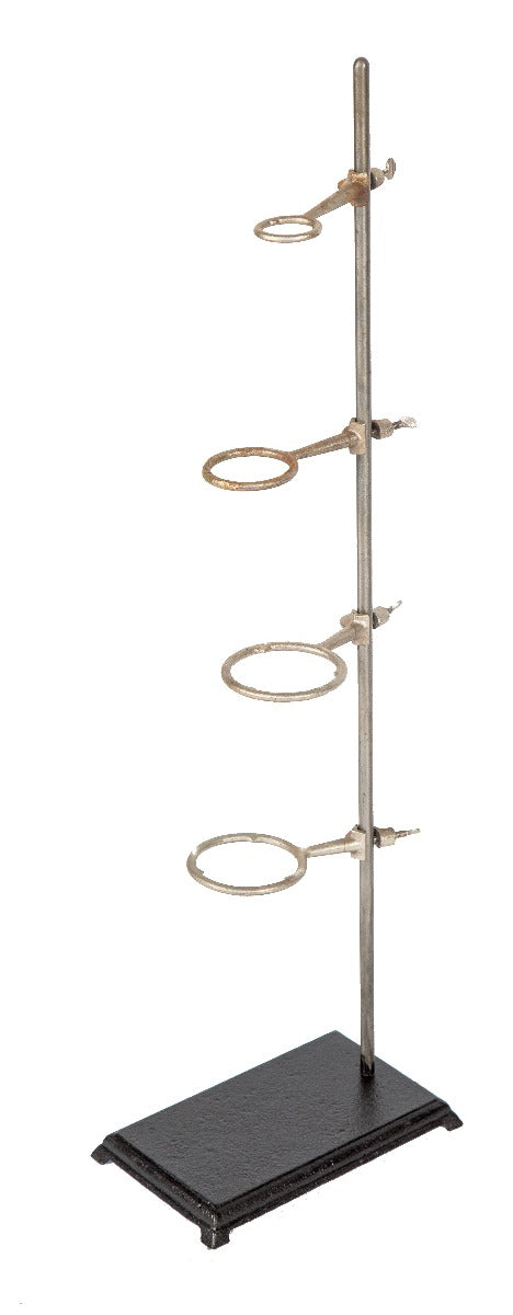original american scientific freestanding laboratory retort stand with fully adjustable clamps or rings.