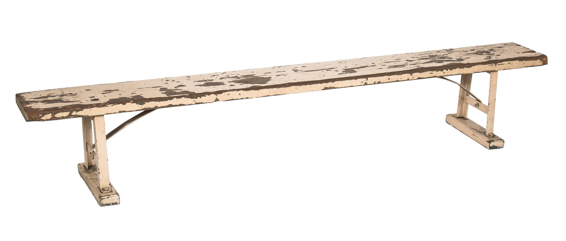 original c. 1930's vintage american industrial long and narrow stationary finkl foundry locker room sitting bench