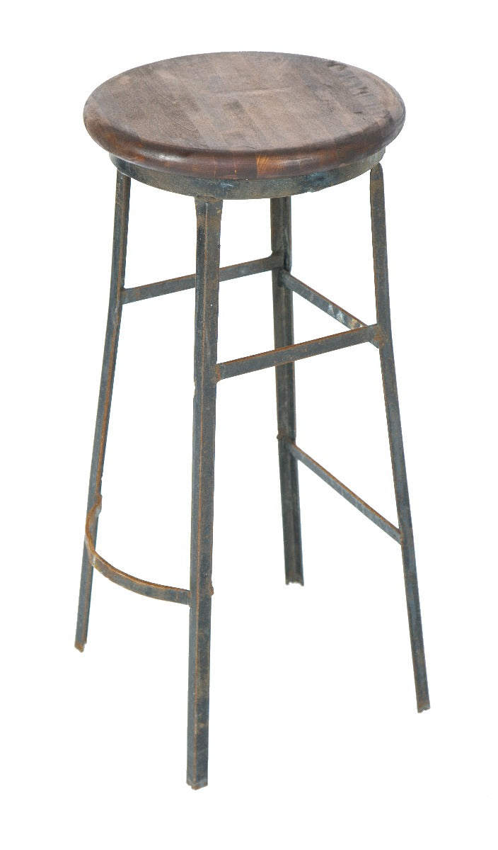 depression-era original american industrial machinist's stool with riveted joint steel base and solid maple wood seat