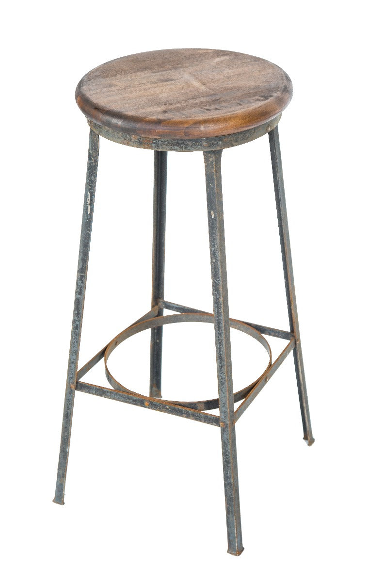 four-legged depression-era antique american industrial machine shop factory stool with solid maple wood seat