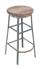 all original depression-era salvaged chicago factory machine shop stool with angled steel legs and maple wood seat