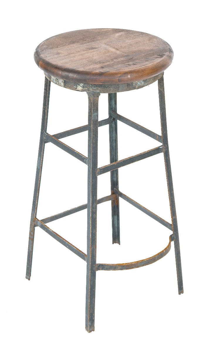 all original depression-era salvaged chicago factory machine shop stool with angled steel legs and maple wood seat