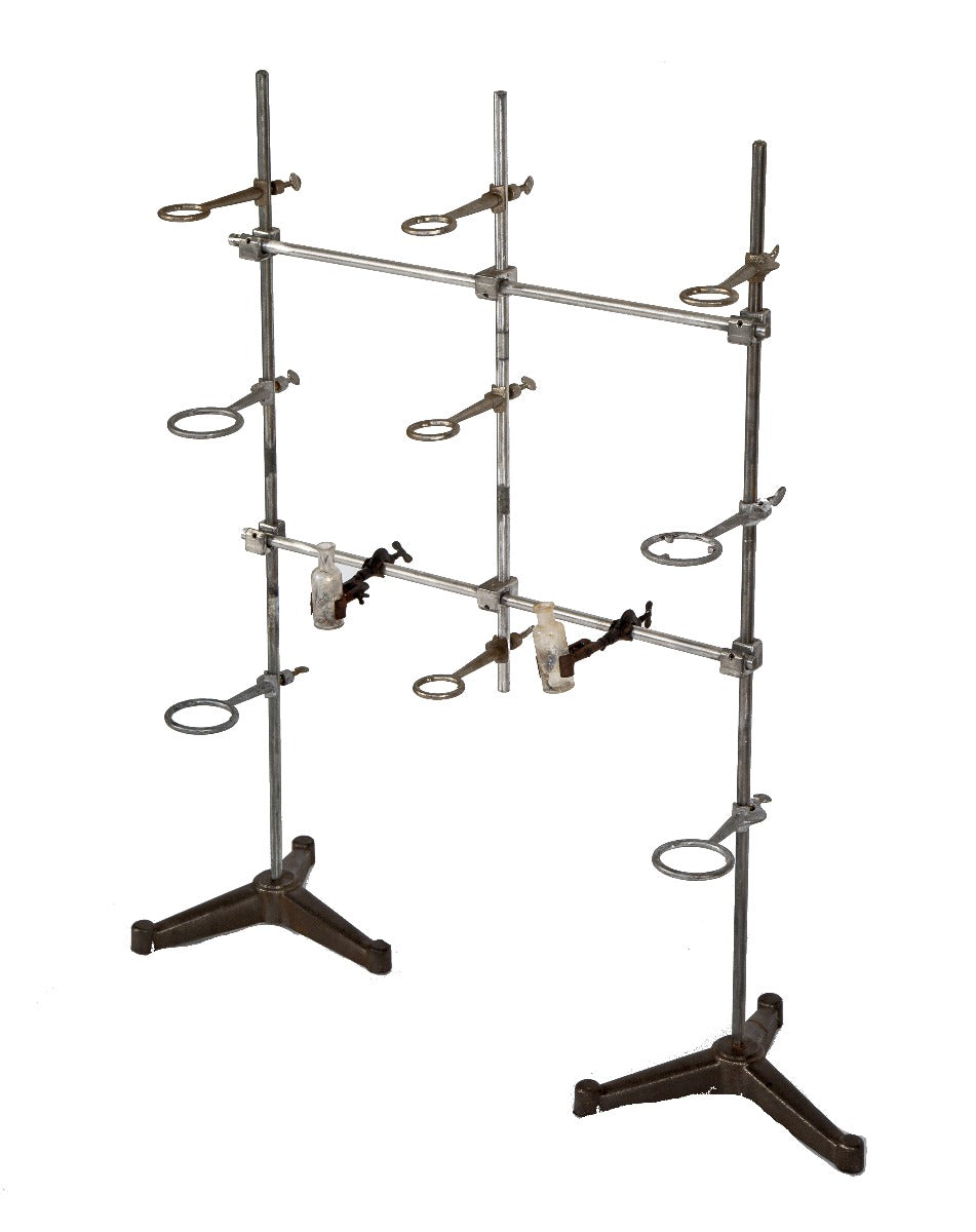 original early 20th century unusually configured freestanding chemistry laboratory retort stand with multiple clamps