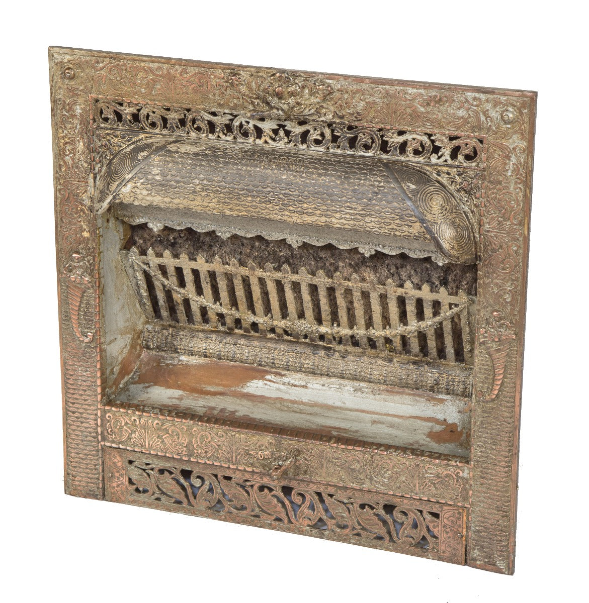 copper-plated 19th century victorian era salvaged chicago interior residential ornamental cast iron dawson brothers fireplace inserts