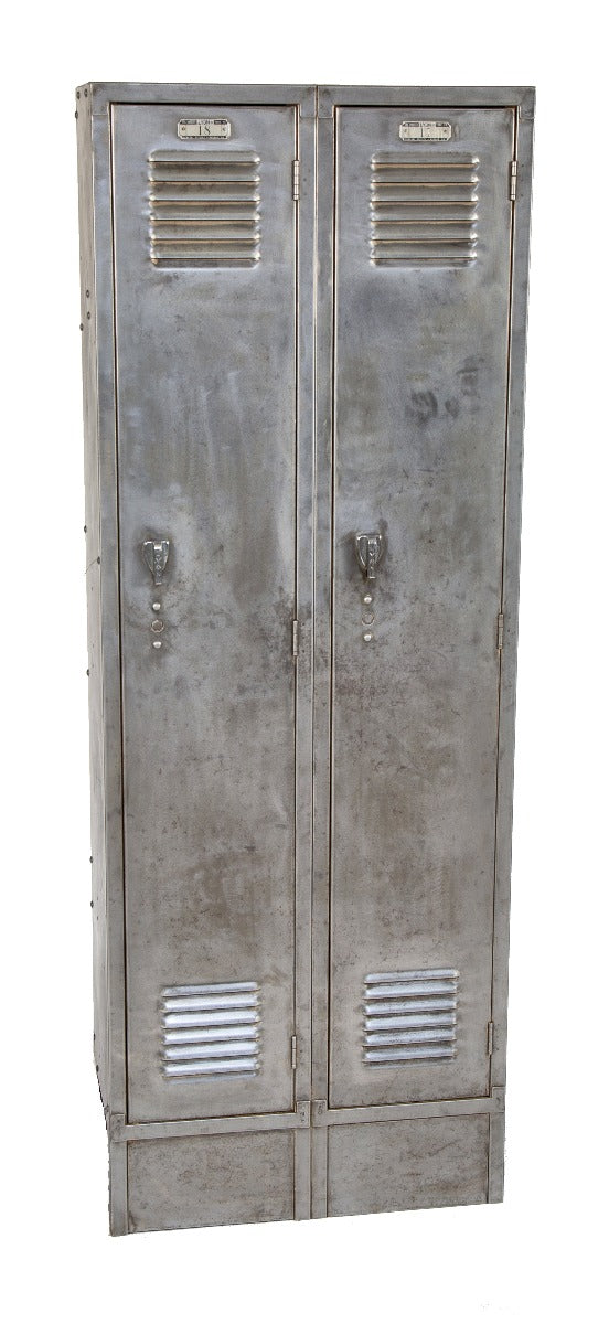 refinished brushed metal antique american industrial salvaged chicago finkl factory double-unit locker