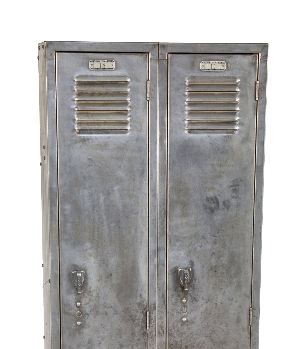 refinished brushed metal antique american industrial salvaged chicago finkl factory double-unit locker