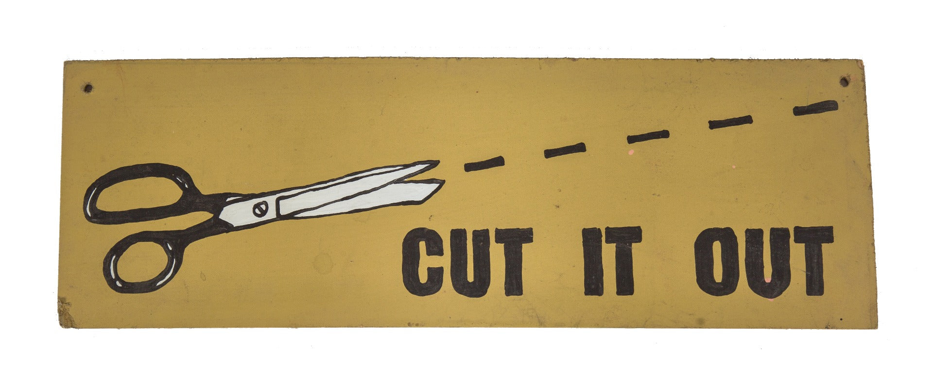 single-sided hand-painted vintage american folk art wood "cut it out" comical factory locker hanging sign