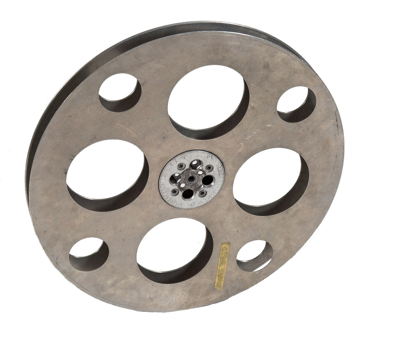 oversized c. 1950's american vintage industrial perforated aluminum movie film reel with centrally located mounting hub
