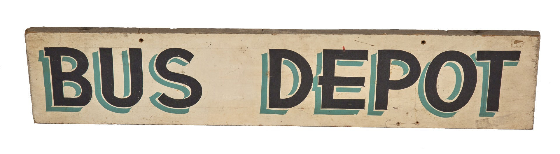 original vintage industrial single-sided painted pine wood "bus depot" sign with distinctive shadowed lettering